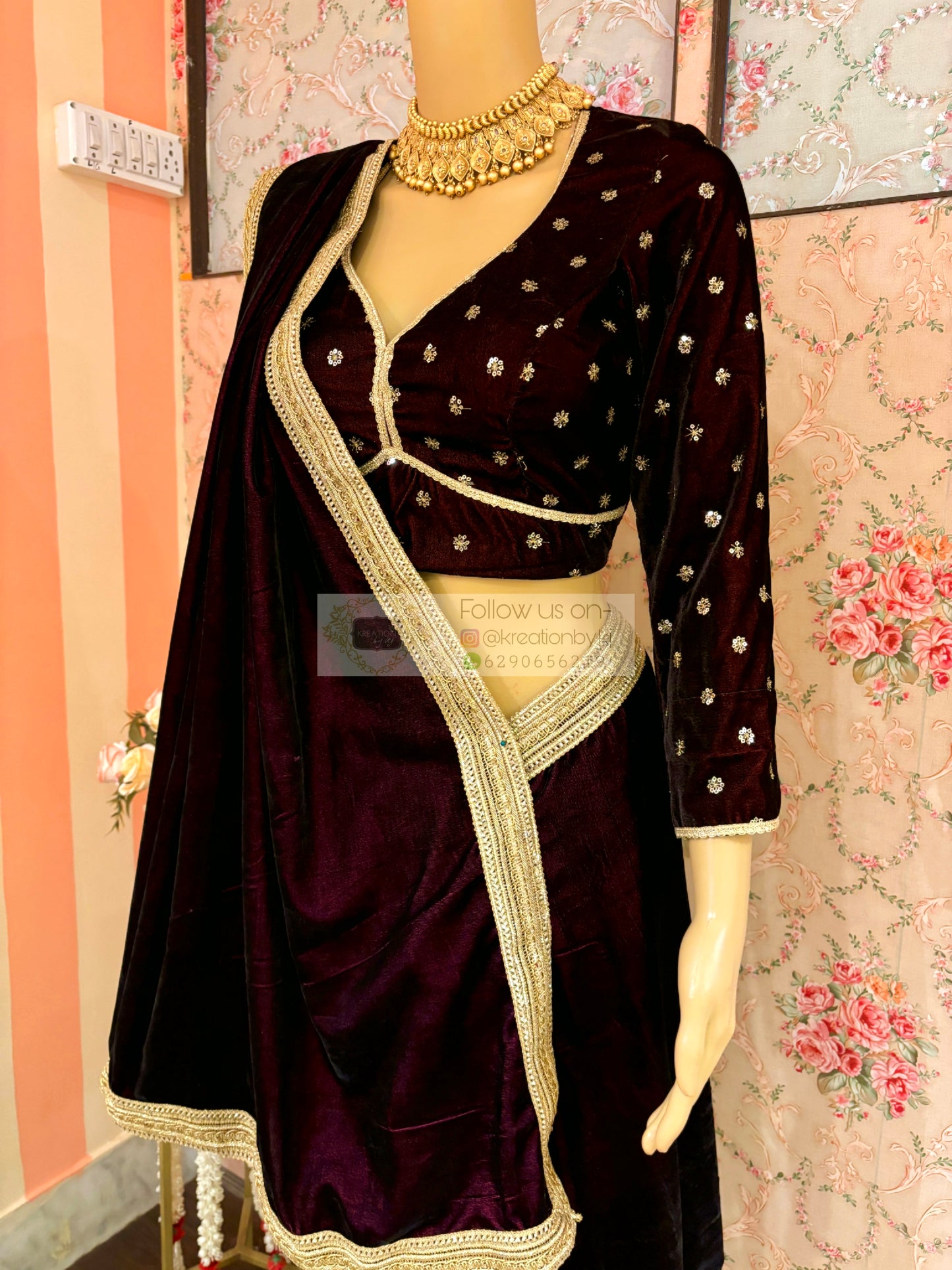 Dark Wine Velvet Saree with Golden Border