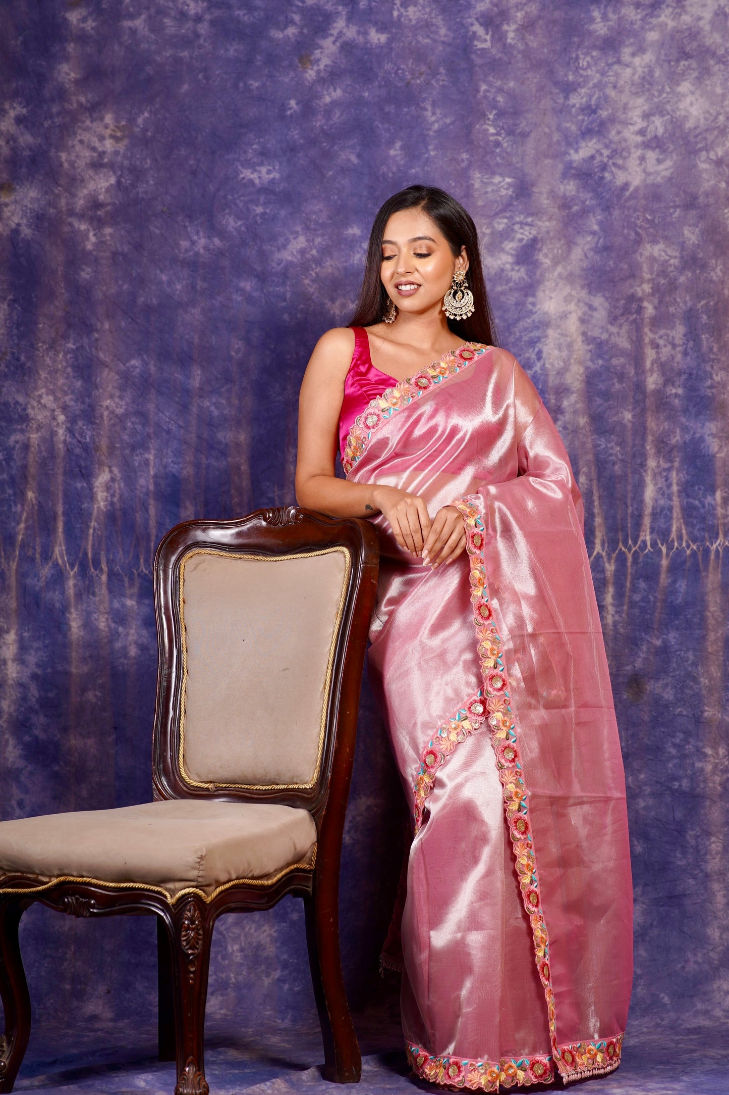 Pink Tissue Floral Border Saree