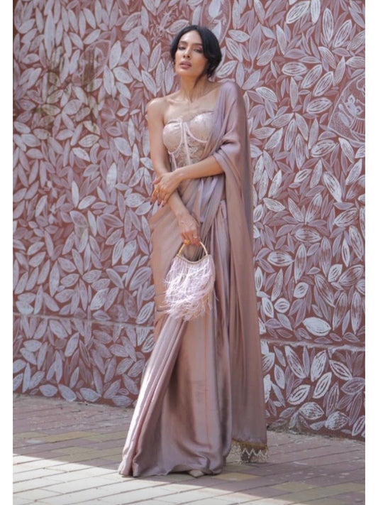 Lilac Satin Silk Saree with Handmade Cutdana Tassels on Pallu