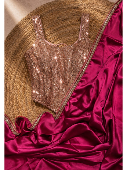 Hot Pink Satin Silk Cocktail Saree
