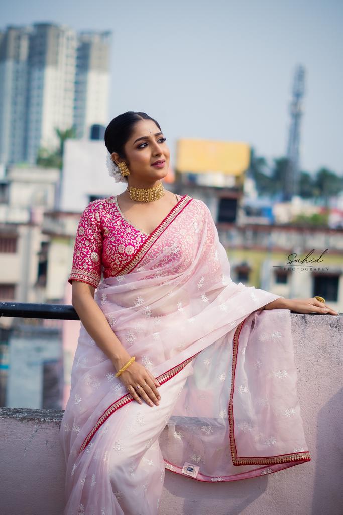 Blush Pink Organza Saree with Rani Pink Border