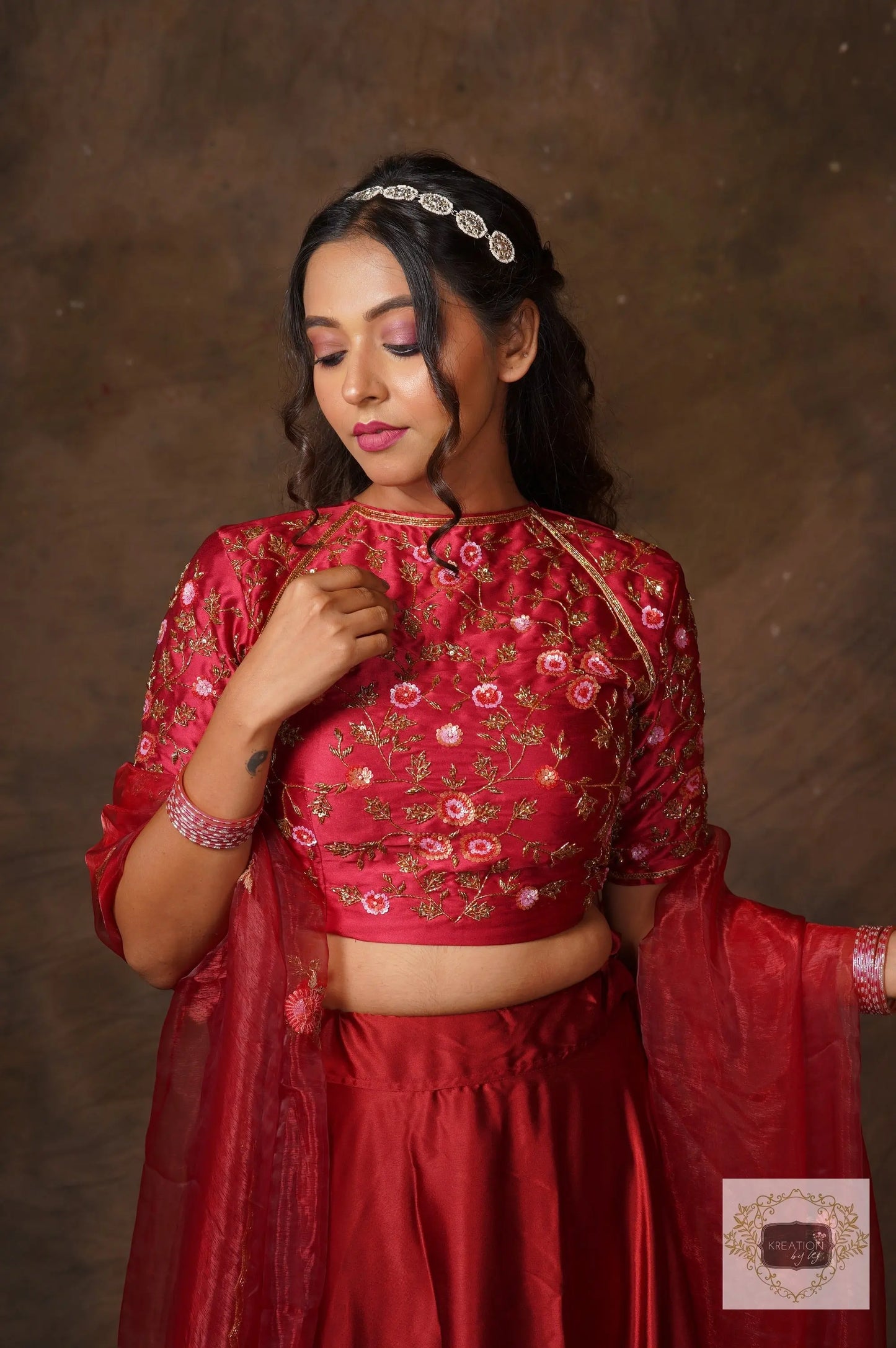 Maroon Rose Designer Blouse Piece kreationbykj