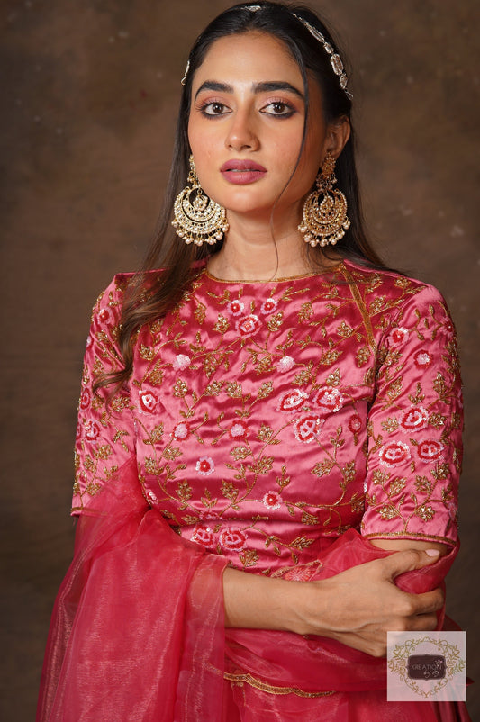 Rose Pink Floral design Blouse Piece with Heavy Embroidery kreationbykj