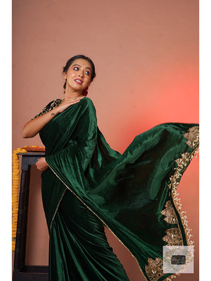Green Velvet Taj Mahal Saree kreationbykj