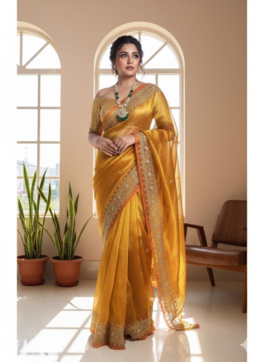 Fiery Gold Tissue Zarina Bridal  Saree Kreation by KJ
