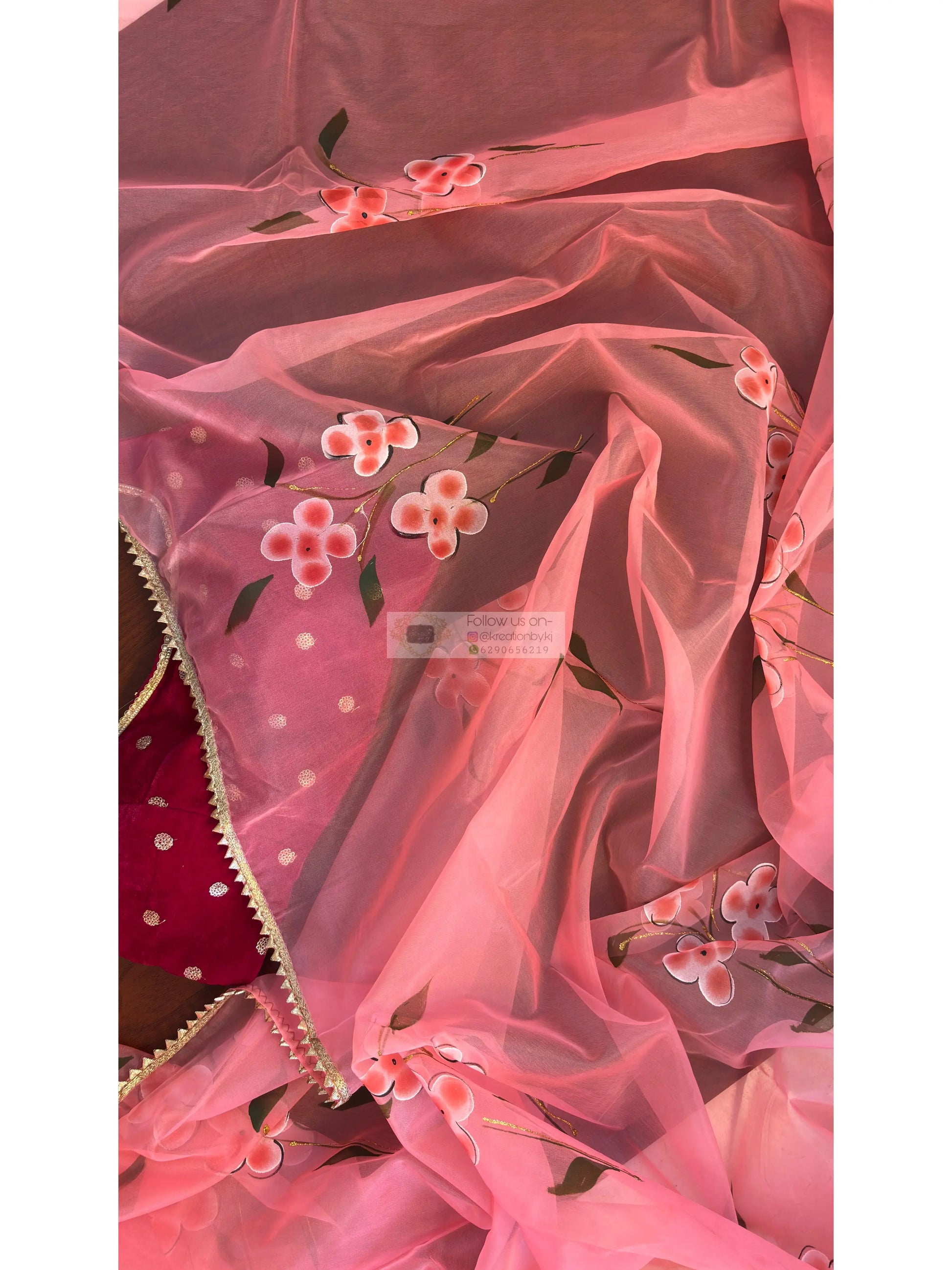 Peaches Pink Floral Organza Saree kreationbykj