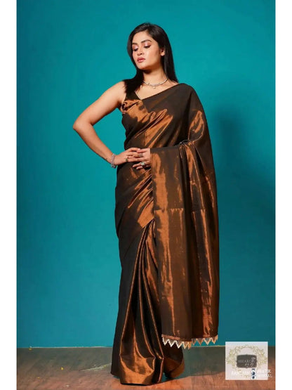 Copper Bronze Cotton Tissue Saree With Tassels in Pallu