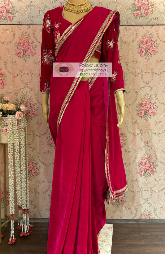 Rani Pink Velvet Banno Saree kreationbykj
