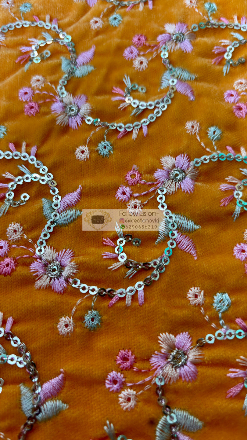 Yellow Velvet Embellished Fabric