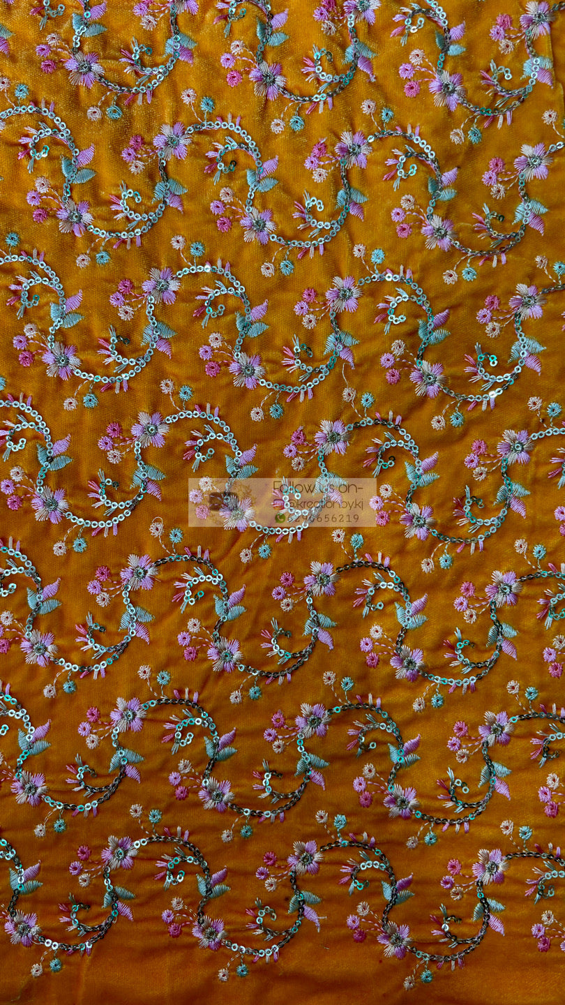 Yellow Velvet Embellished Fabric