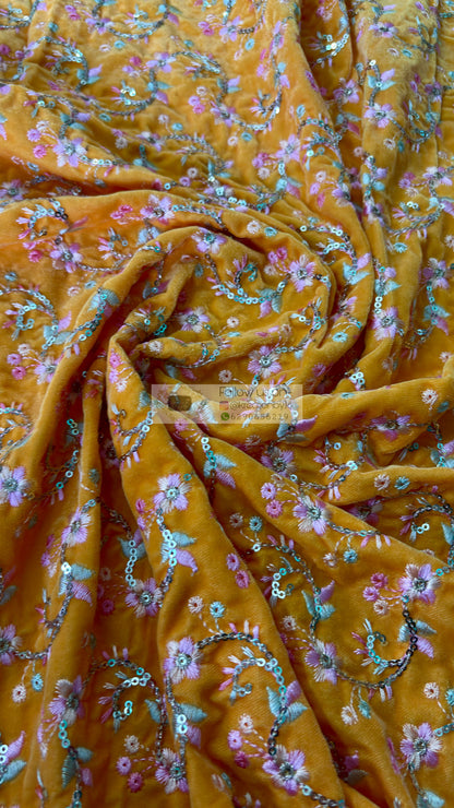 Yellow Velvet Embellished Fabric