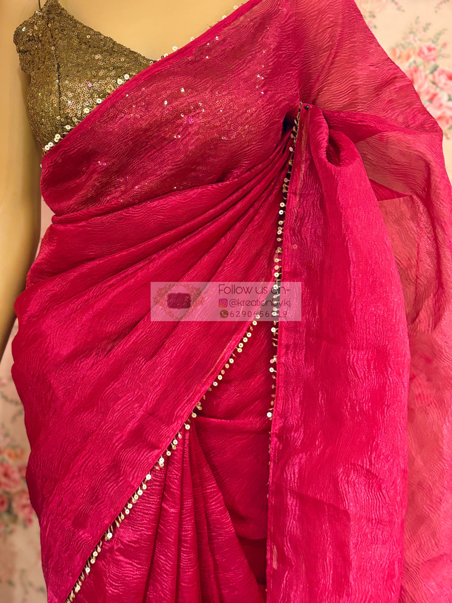 Magenta Pink Crushed Tissue Saree