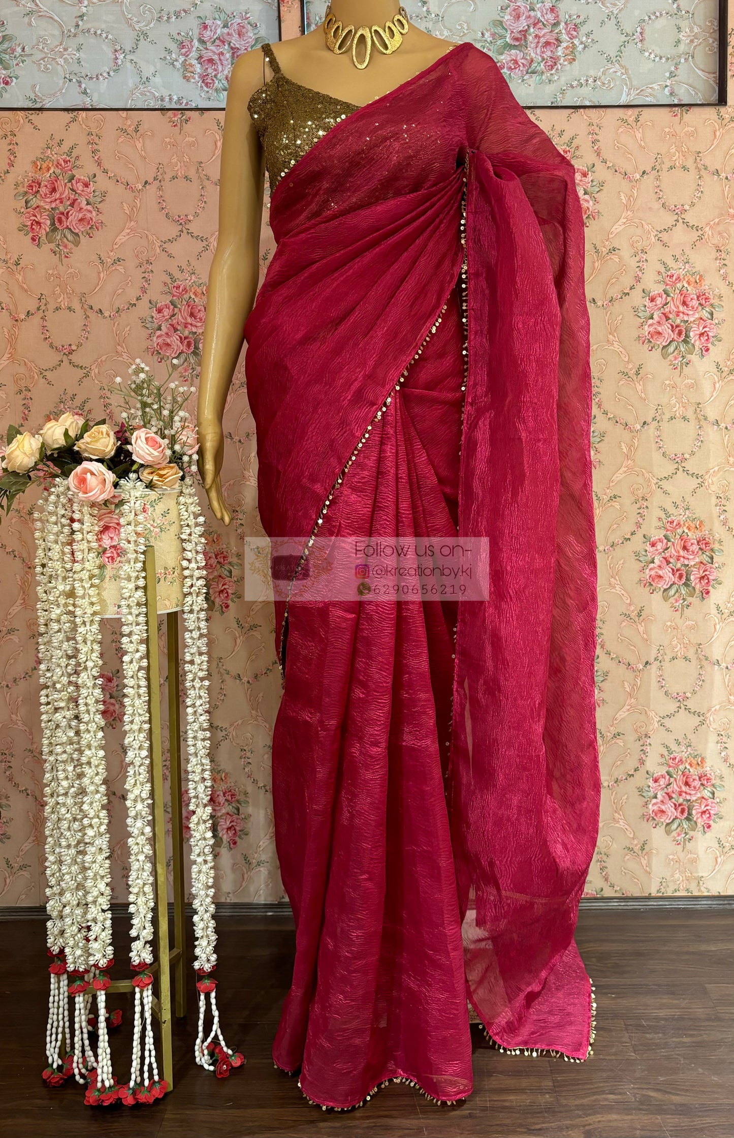 Magenta Pink Crushed Tissue Saree