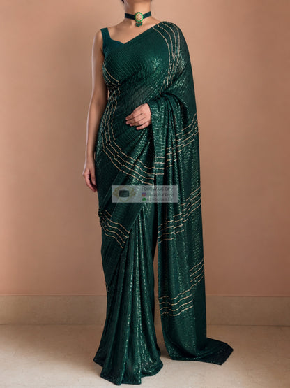 Forest Drip Green Sequin Saree