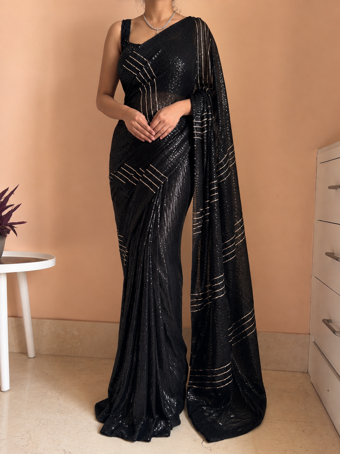 Black Magic Sequin Saree With Gota Patti Strips