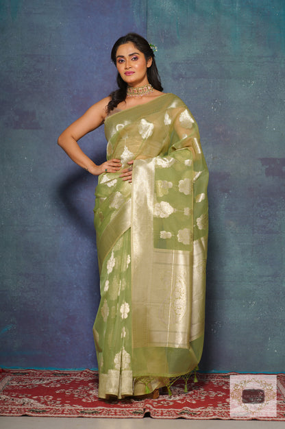 Light Green Kora Silk Banarasi Saree