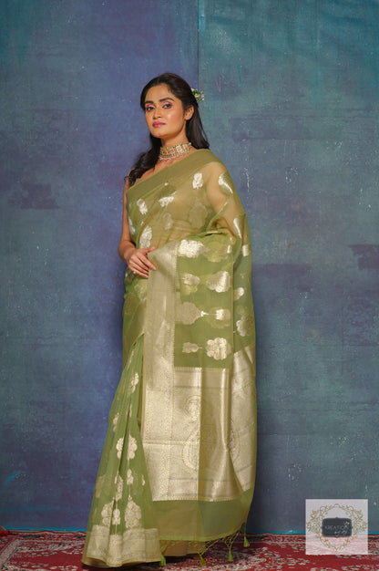 Light Green Kora Silk Banarasi Saree