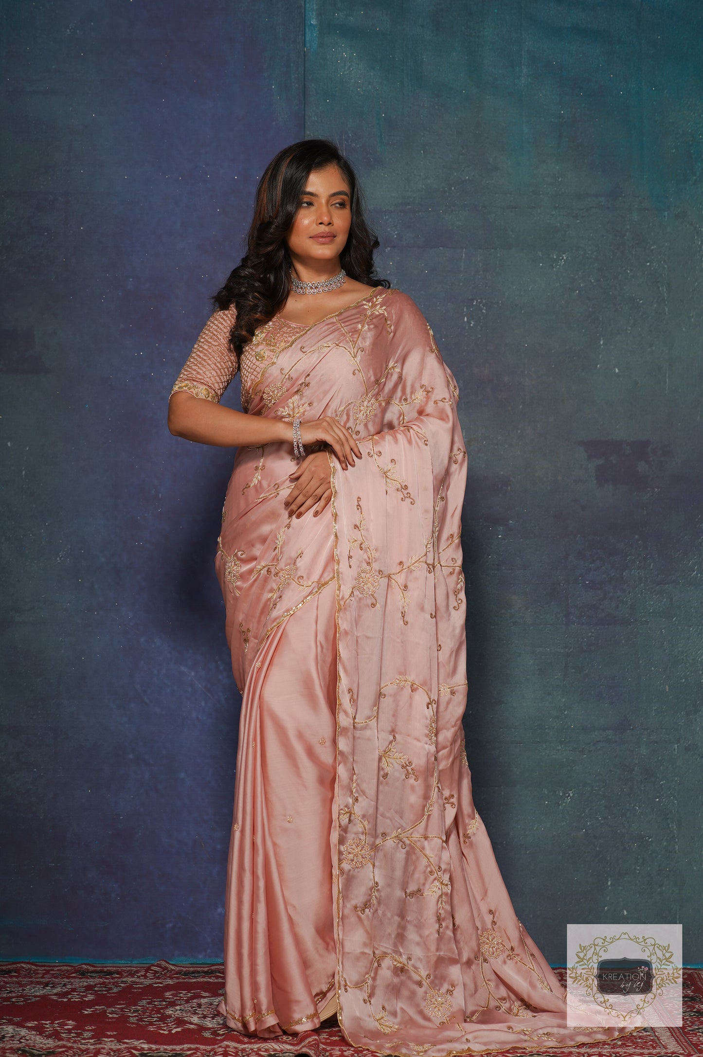 Onion Pink Crepe Silk Zardozi Jaal Saree