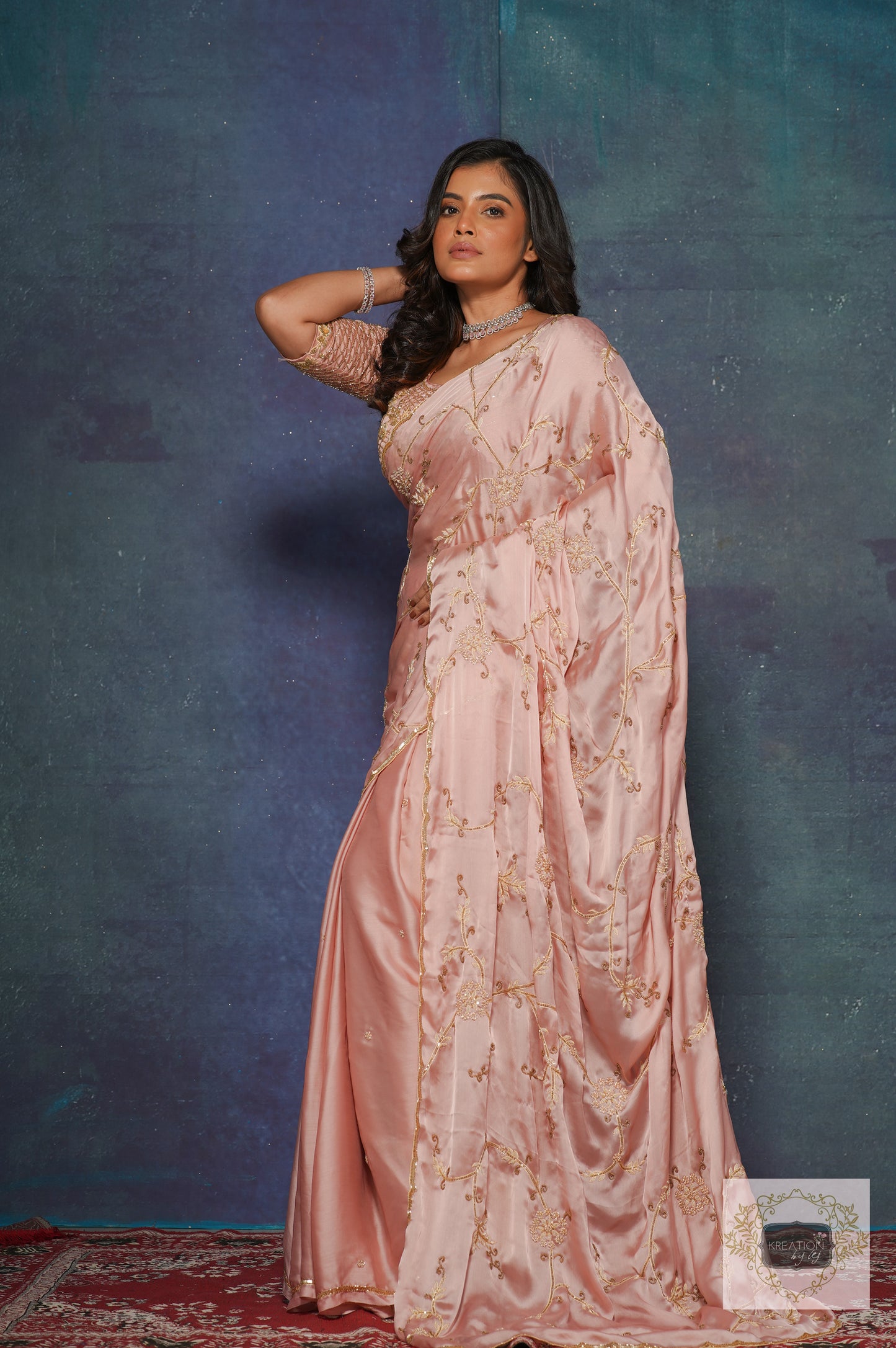 Onion Pink Crepe Silk Zardozi Jaal Saree