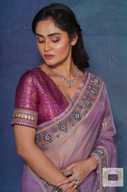 Lavender Passiflora Organza Saree kreationbykj