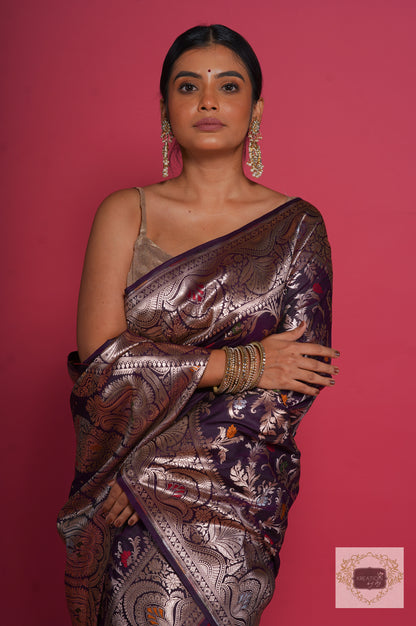 Aubergine Banarasi Kataan Silk Saree