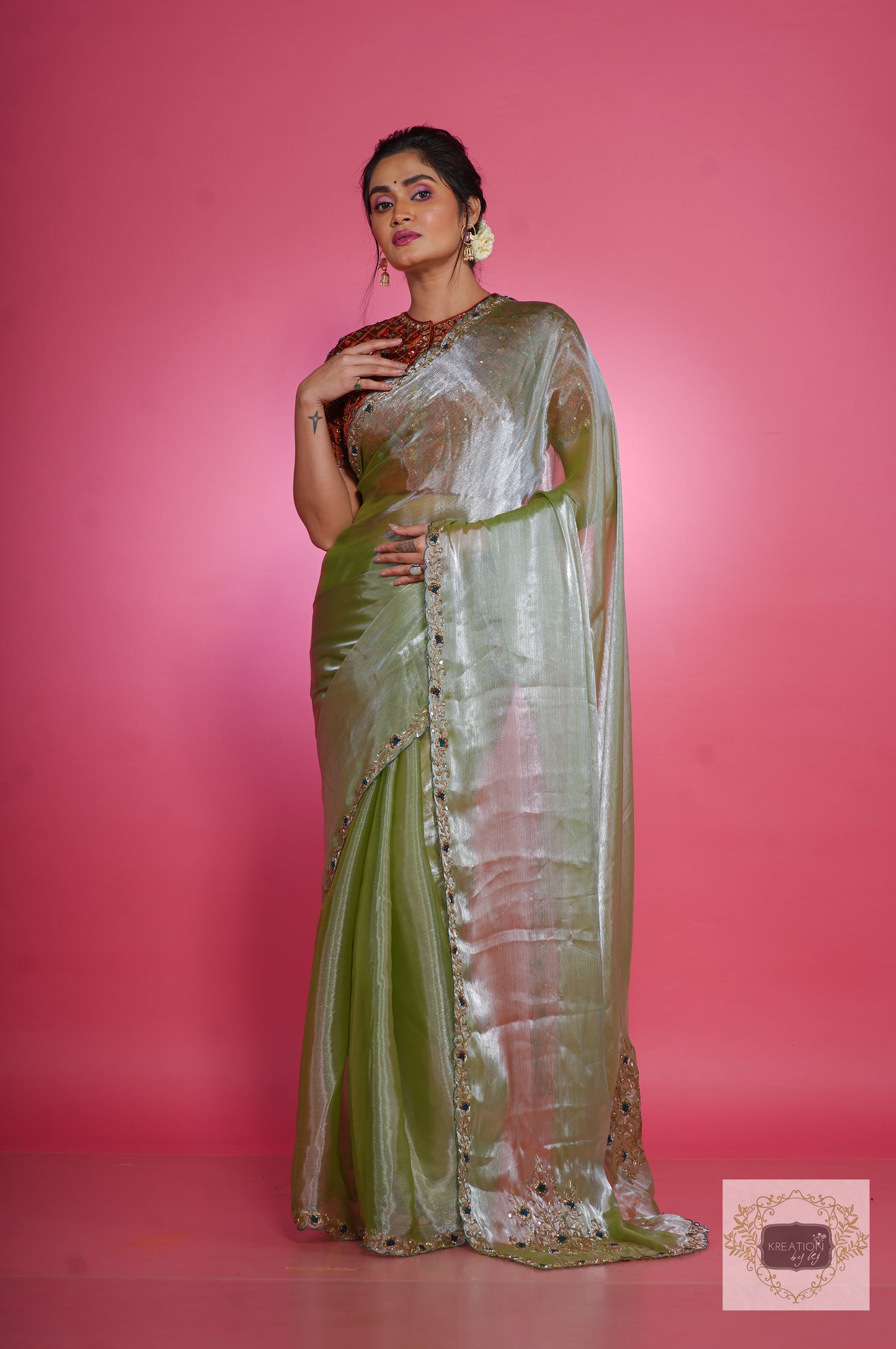 Absinthe Organza Saree with Handembroidery