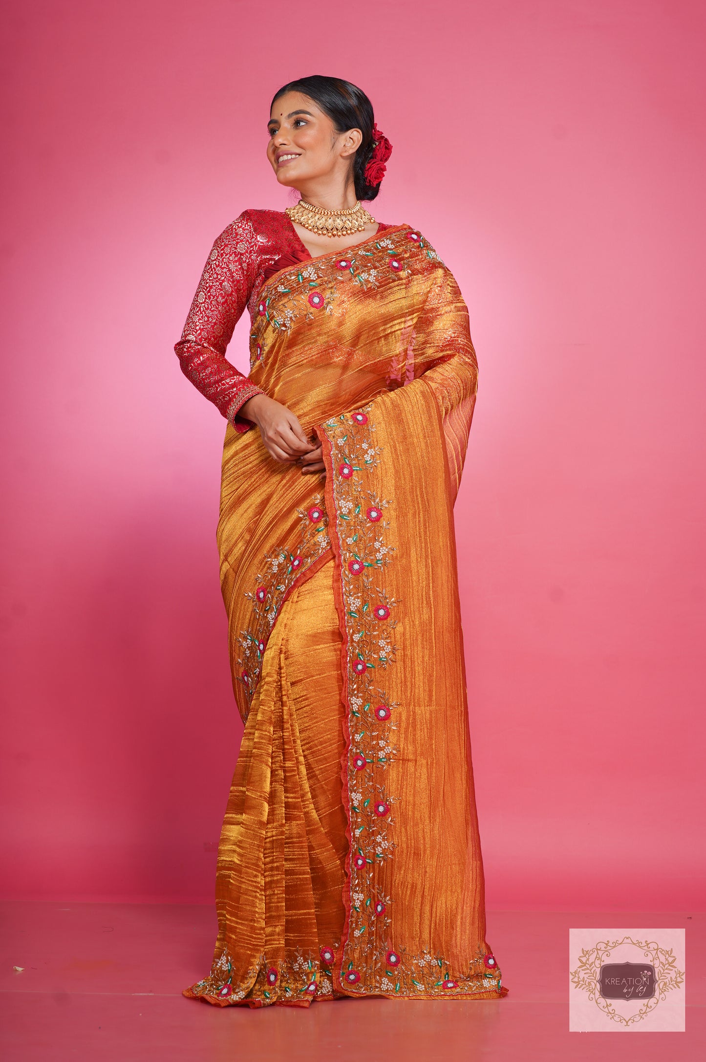 Fiery Gold Zari Tissue Pankhuri Saree