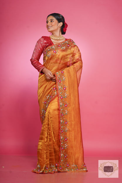 Fiery Gold Zari Tissue Pankhuri Saree