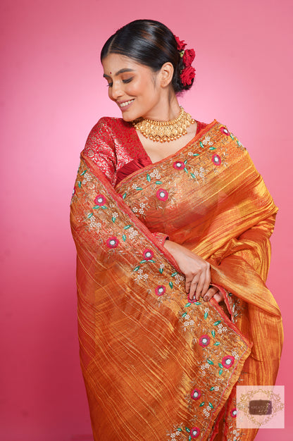 Fiery Gold Zari Tissue Pankhuri Saree