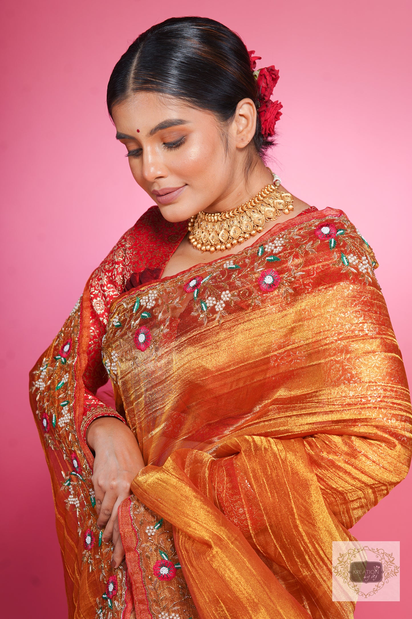 Fiery Gold Zari Tissue Pankhuri Saree