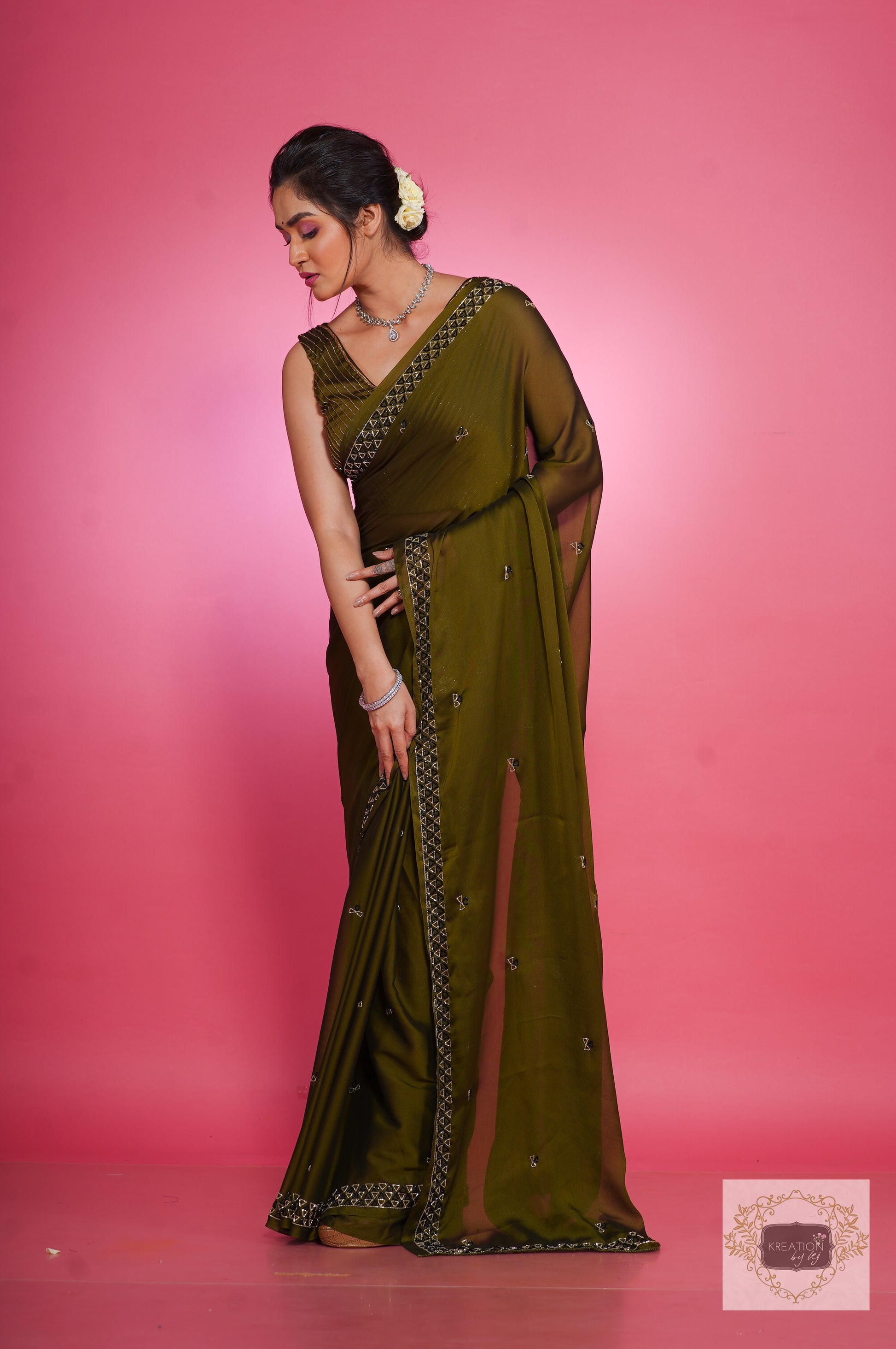 Green Leheriya Printed Georgette Saree | Leemboodi