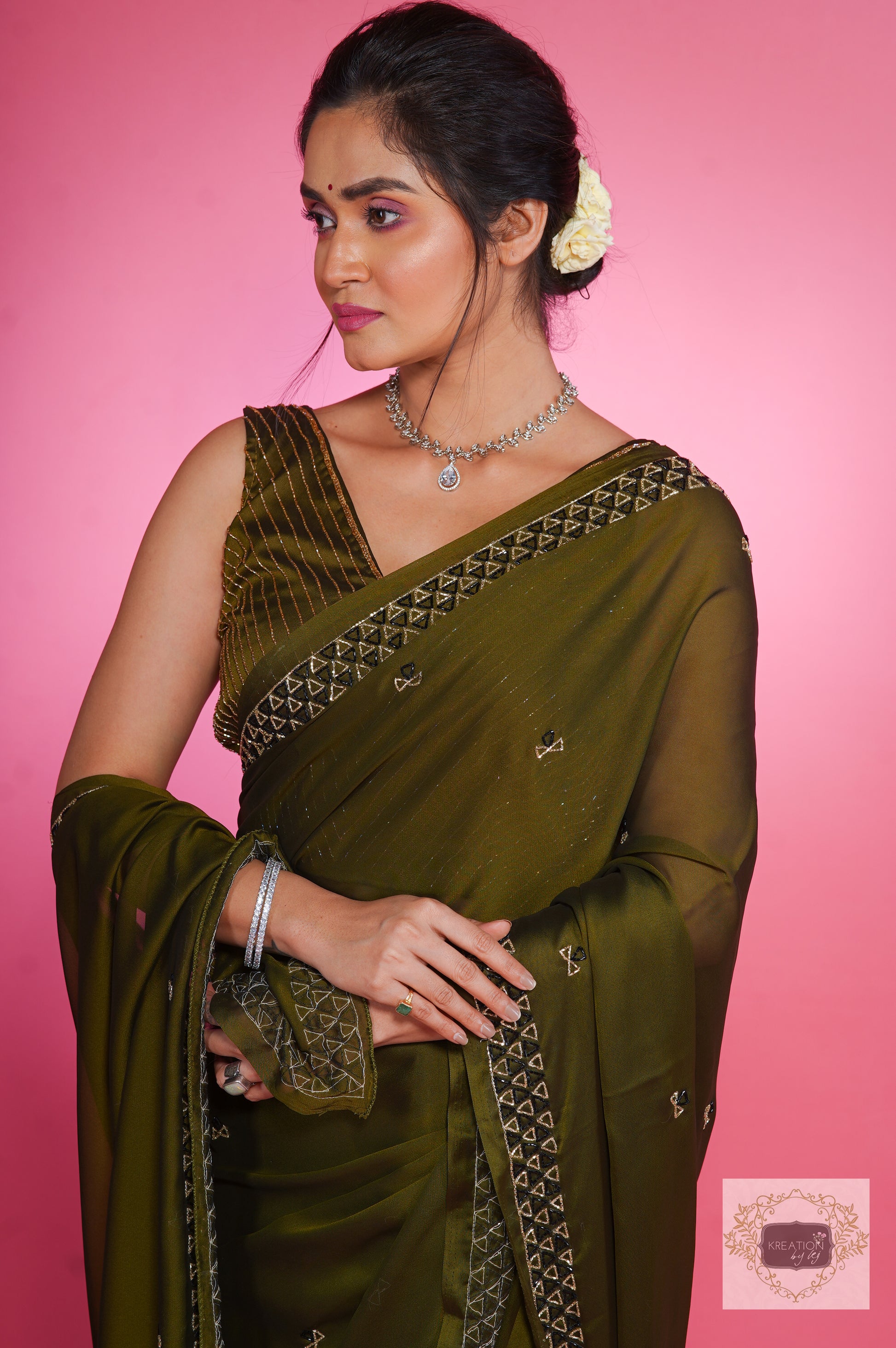 Kishmish Ekavali Georgette Olive Green Saree | Laxmipati – Laxmipati Sarees  | Sale