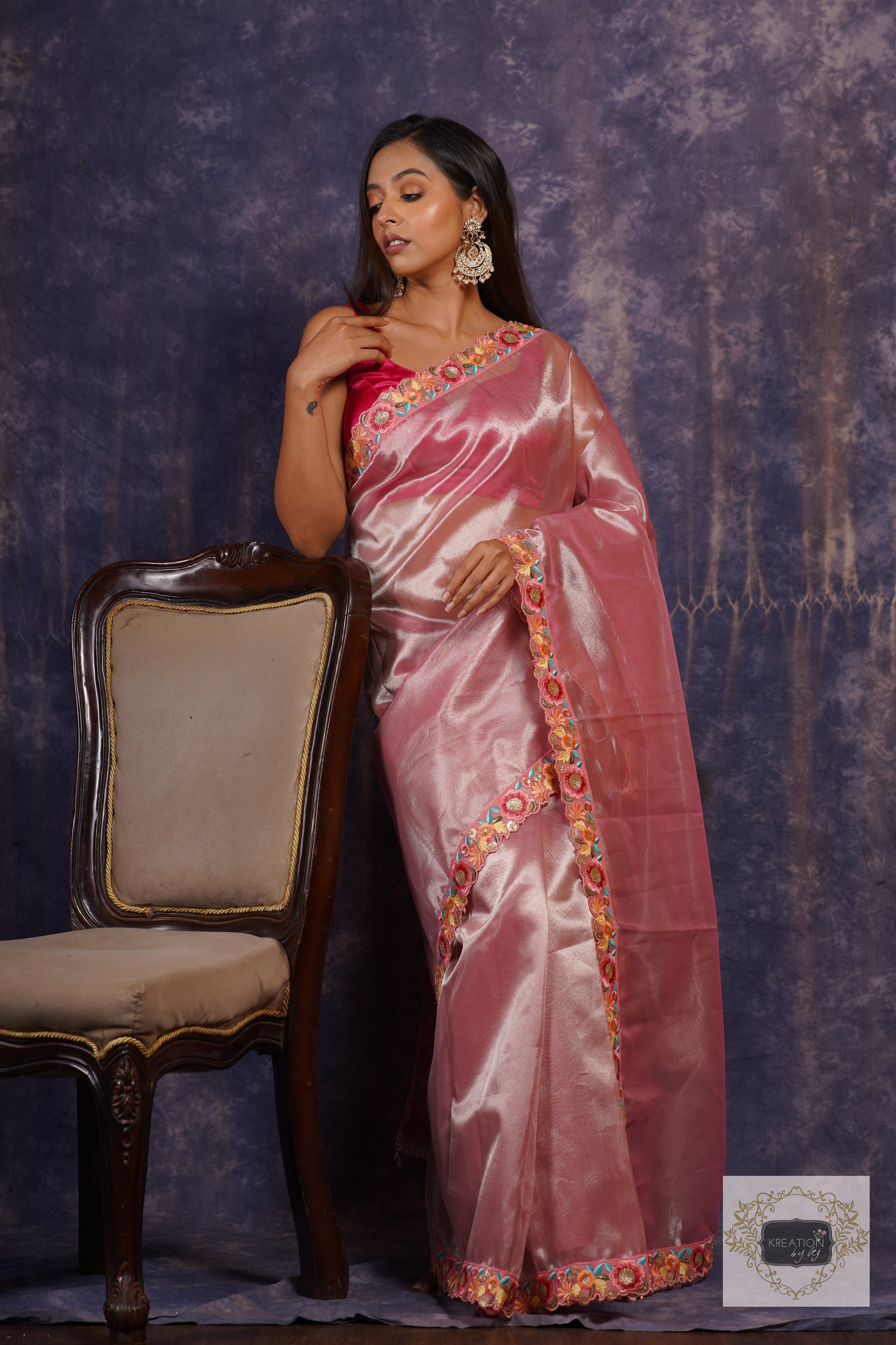 Pink Tissue Floral Border Saree kreationbykj