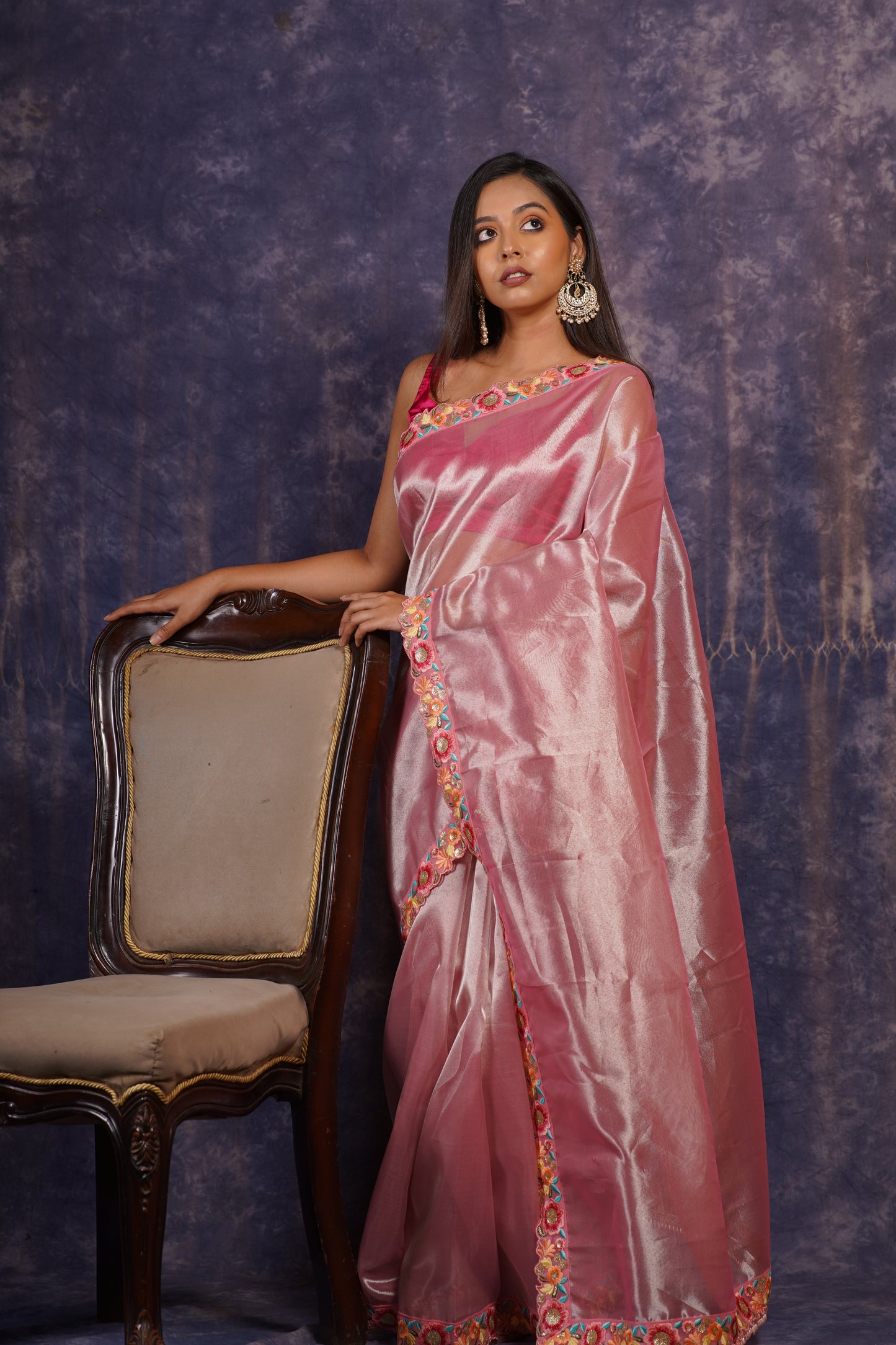 Pink Tissue Floral Border Saree