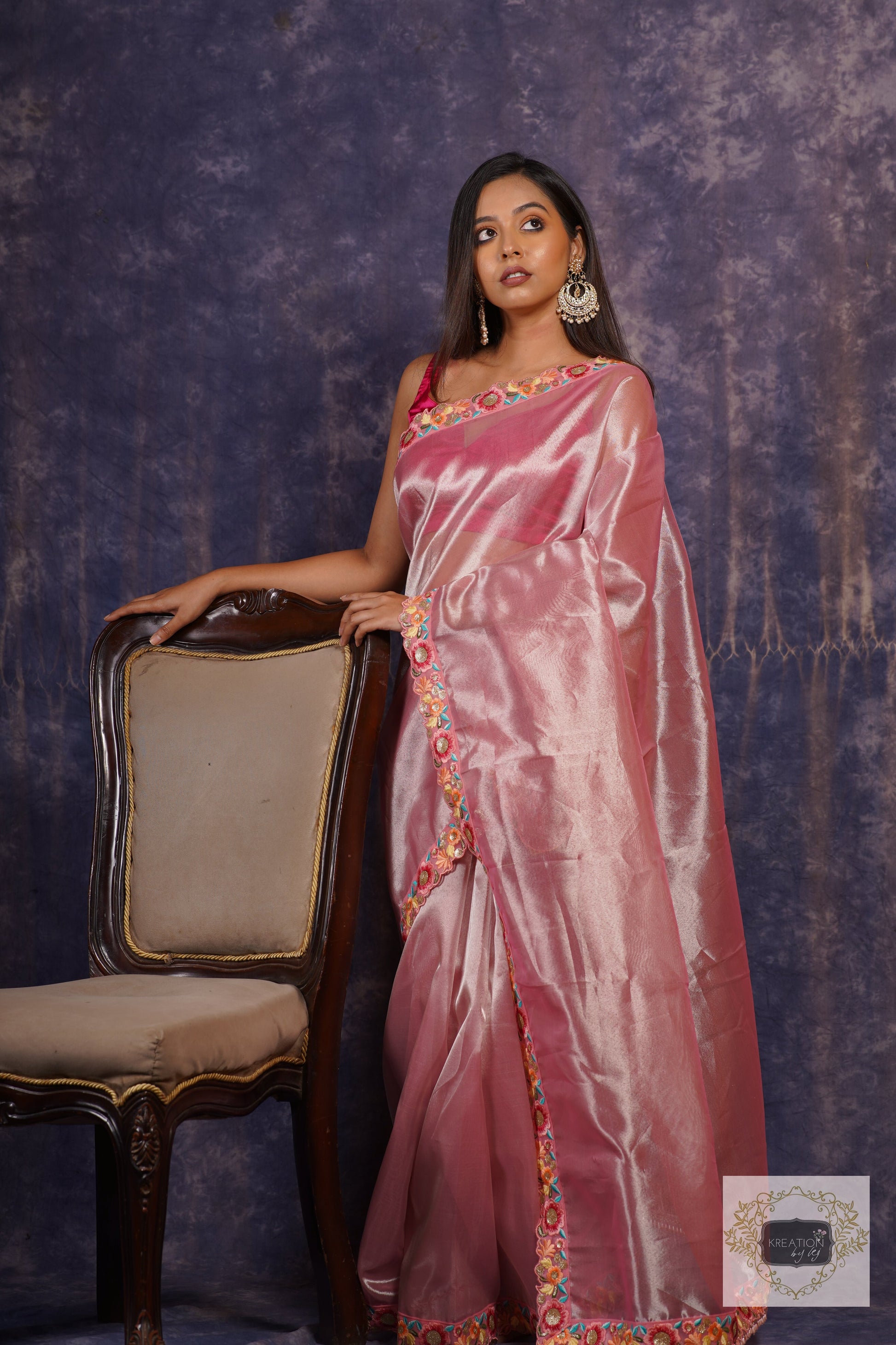 Pink Tissue Floral Border Saree kreationbykj