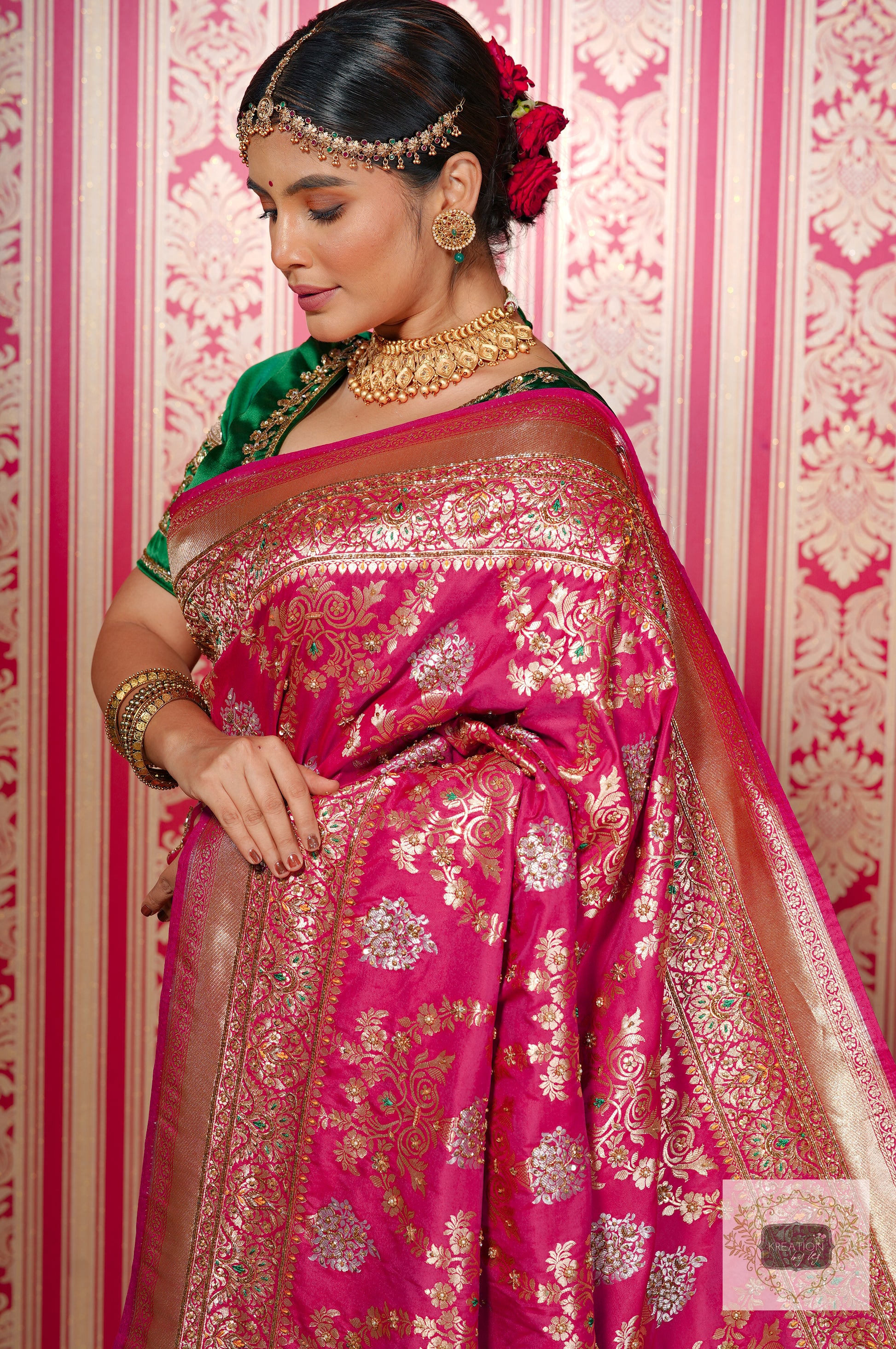 Banarasi Silk Works Pink Silk Woven Saree With Unstitched Blouse