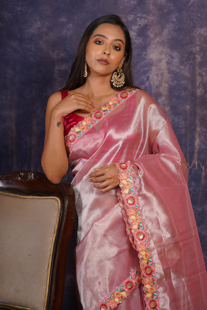 Pink Tissue Floral Border Saree