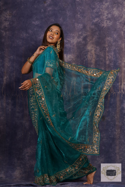 Teal Blue Glass Tissue Anaya Saree