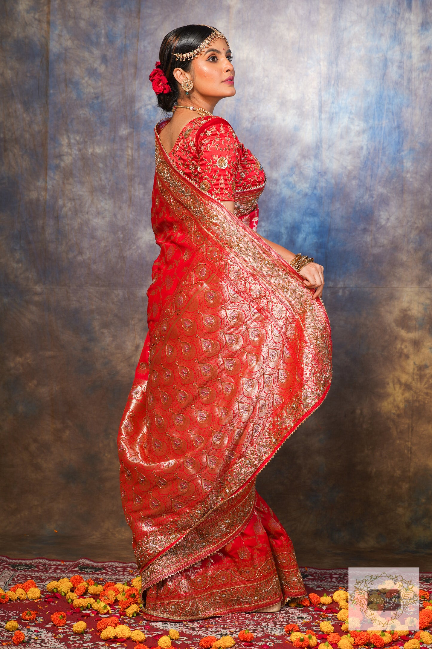 Red Zari Embroidered Bridal Saree in Art Silk