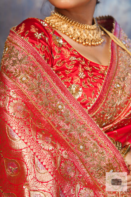 Red Banarasi Bridal Saree with Zardozi Hand Embroidery