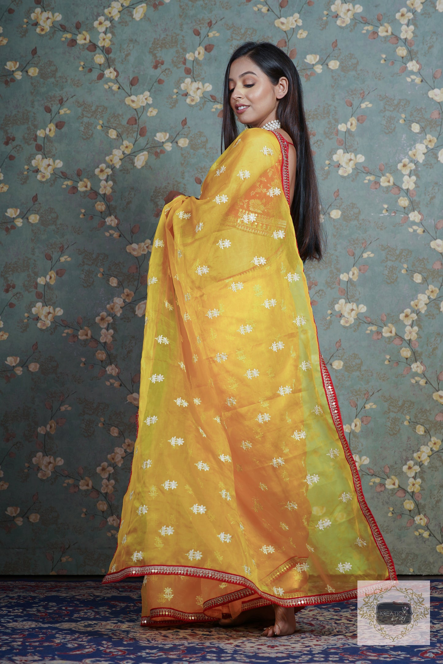 Yellow Snow Drop Organza saree