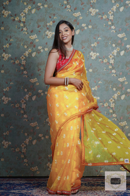 Yellow Snow Drop Organza saree