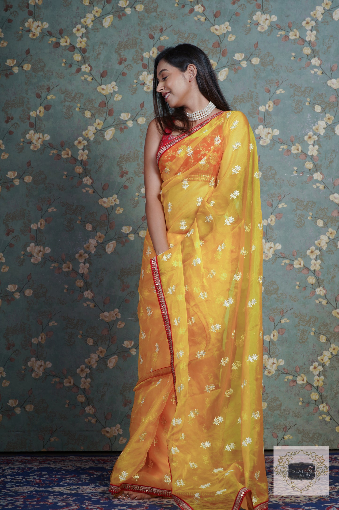 Yellow Snow Drop Organza saree