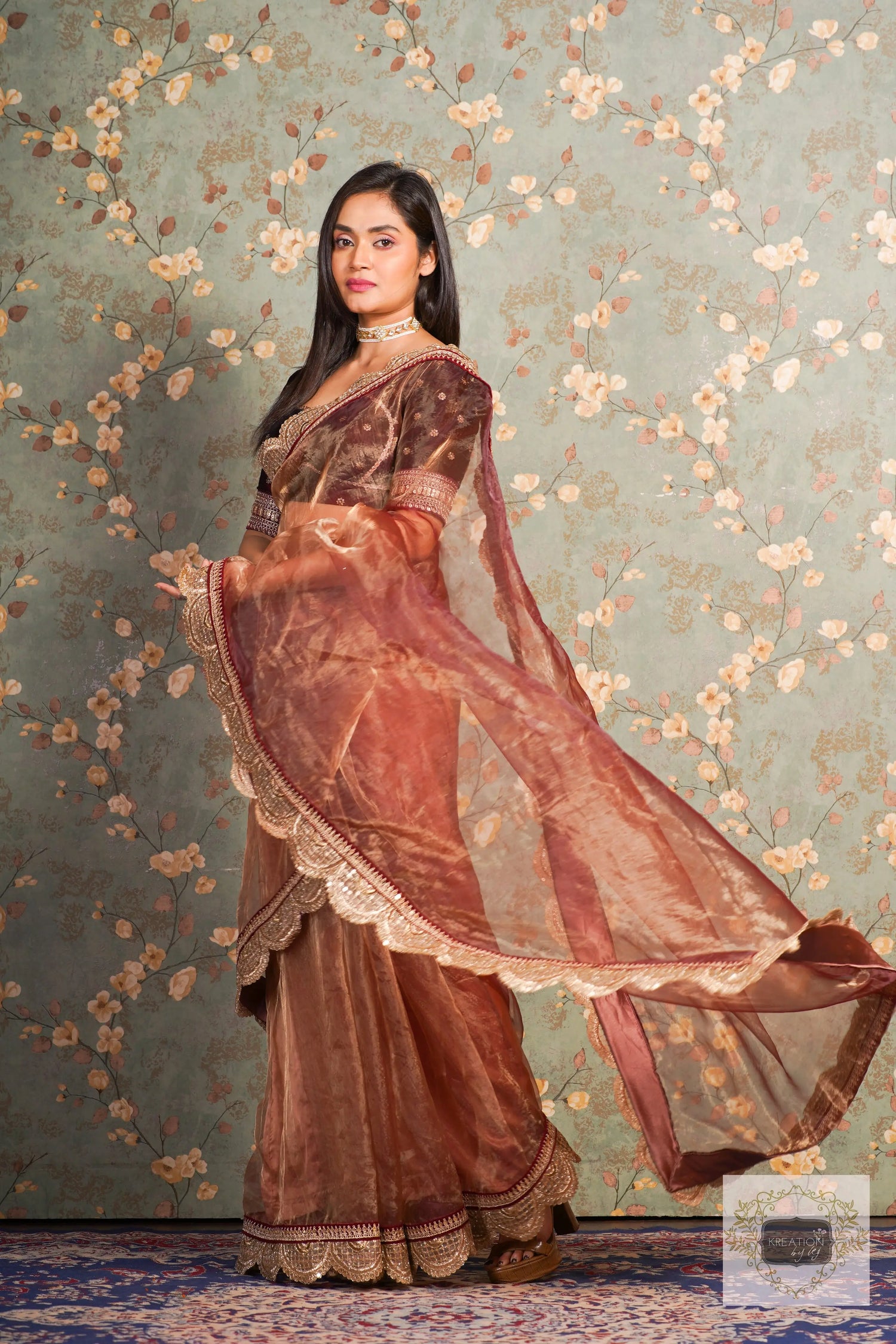Golden Chocolate Glass Tissue Mehraab Border Saree kreationbykj