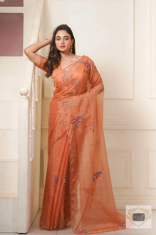 Rust Ying Yang Organza Saree kreationbykj