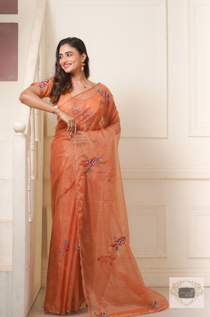 Rust Ying Yang Organza Saree