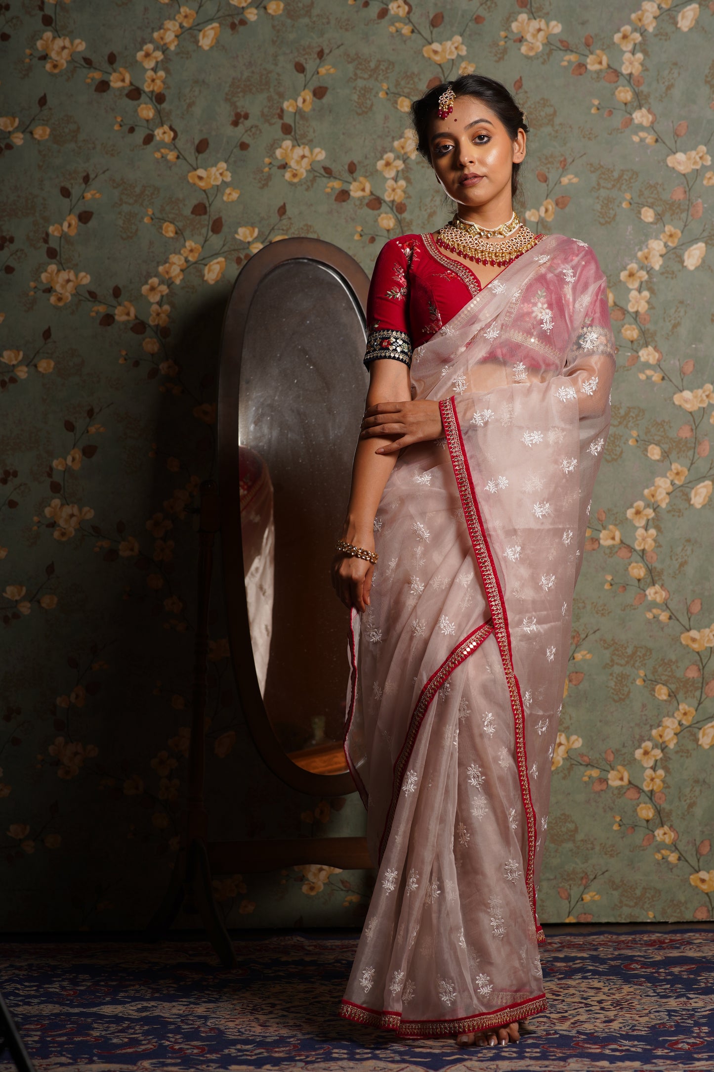 Blush Pink Organza Saree with Rani Pink Border