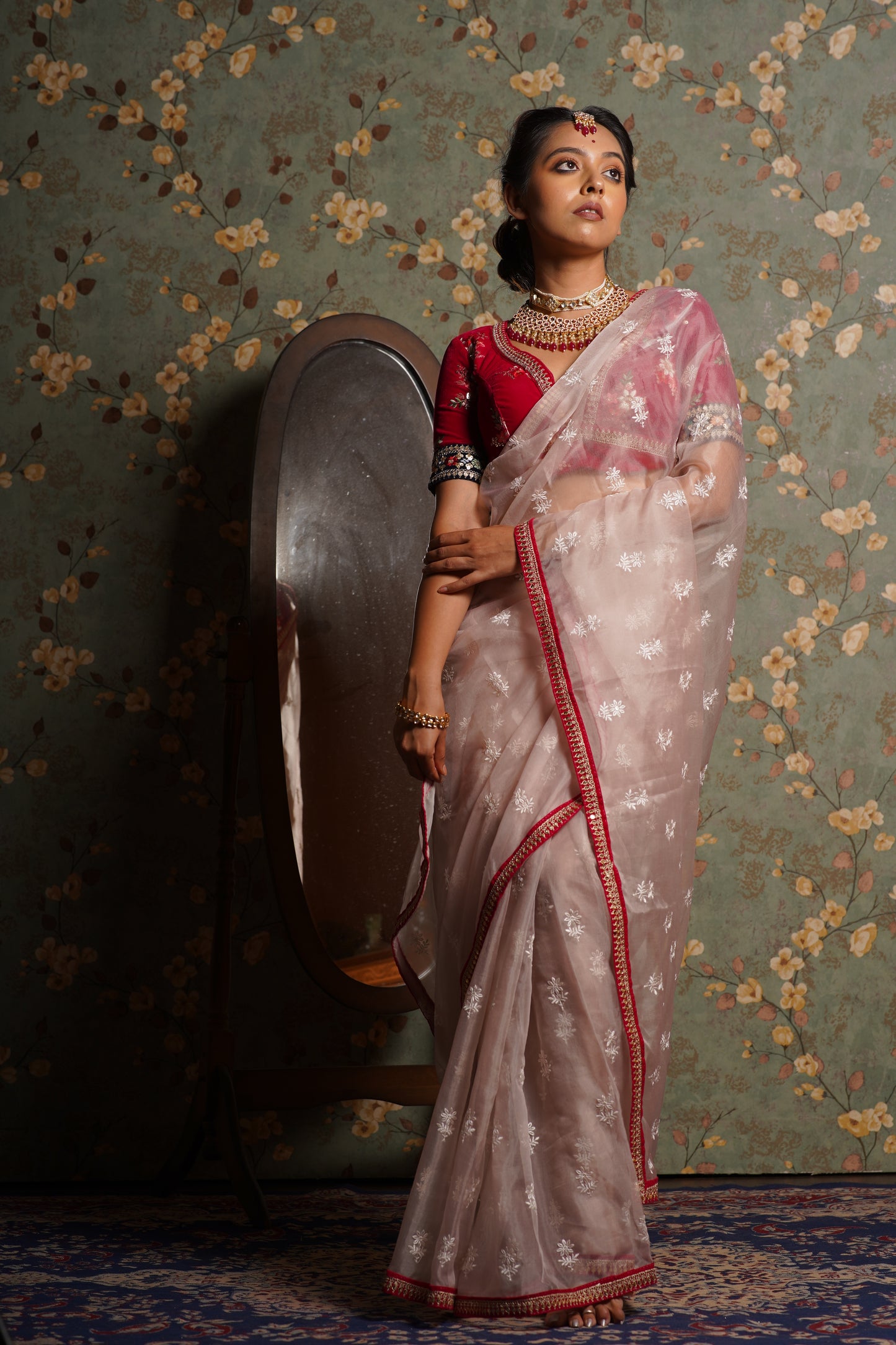 Blush Pink Organza Saree with Rani Pink Border