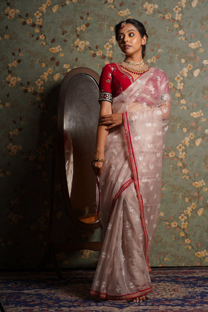 Blush Pink Organza Saree with Rani Pink Border