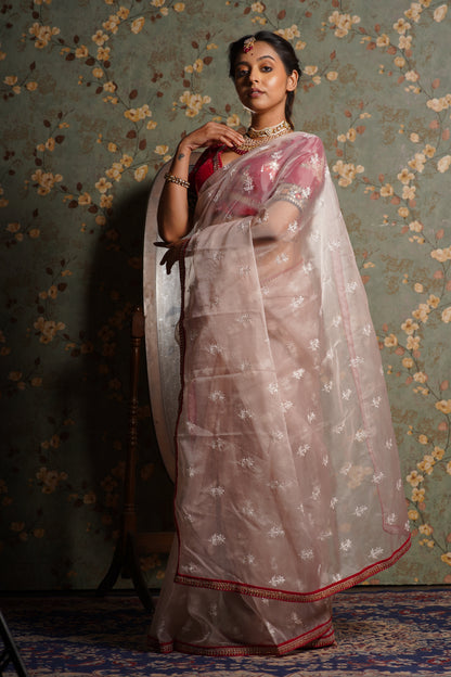 Blush Pink Organza Saree with Rani Pink Border